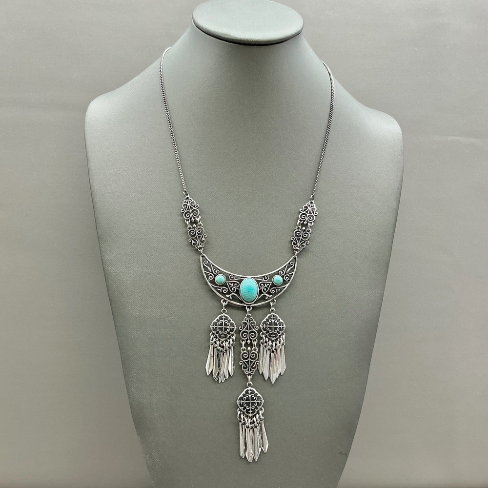 Statement Crescent Moon Faux Turquoise Tassel Necklace Women Silver Tone Boho